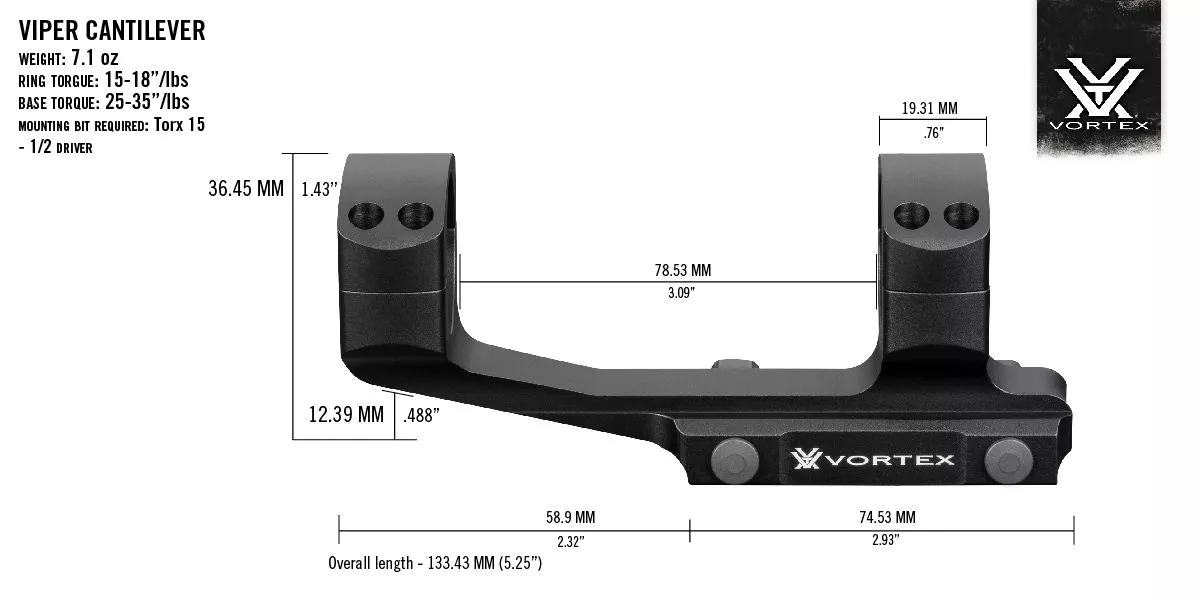 Technische Zeichnung der Vortex Viper Cantilever Montagehalterung mit detaillierten Abmessungen und Drehmomentspezifikationen