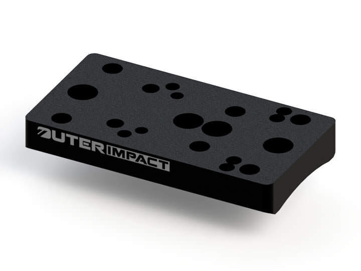Schwarze Montageplatte von Outer Impact mit verschiedenen Lochmustern, ideal für die Optikmontage auf Waffen.