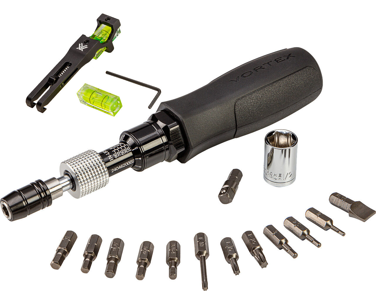 Vortex Drehmomentschlüssel-Set mit verschiedenen Aufsätzen und Zubehörteilen, darunter Bits, Steckschlüssel und ein grüner Winkelmesser.