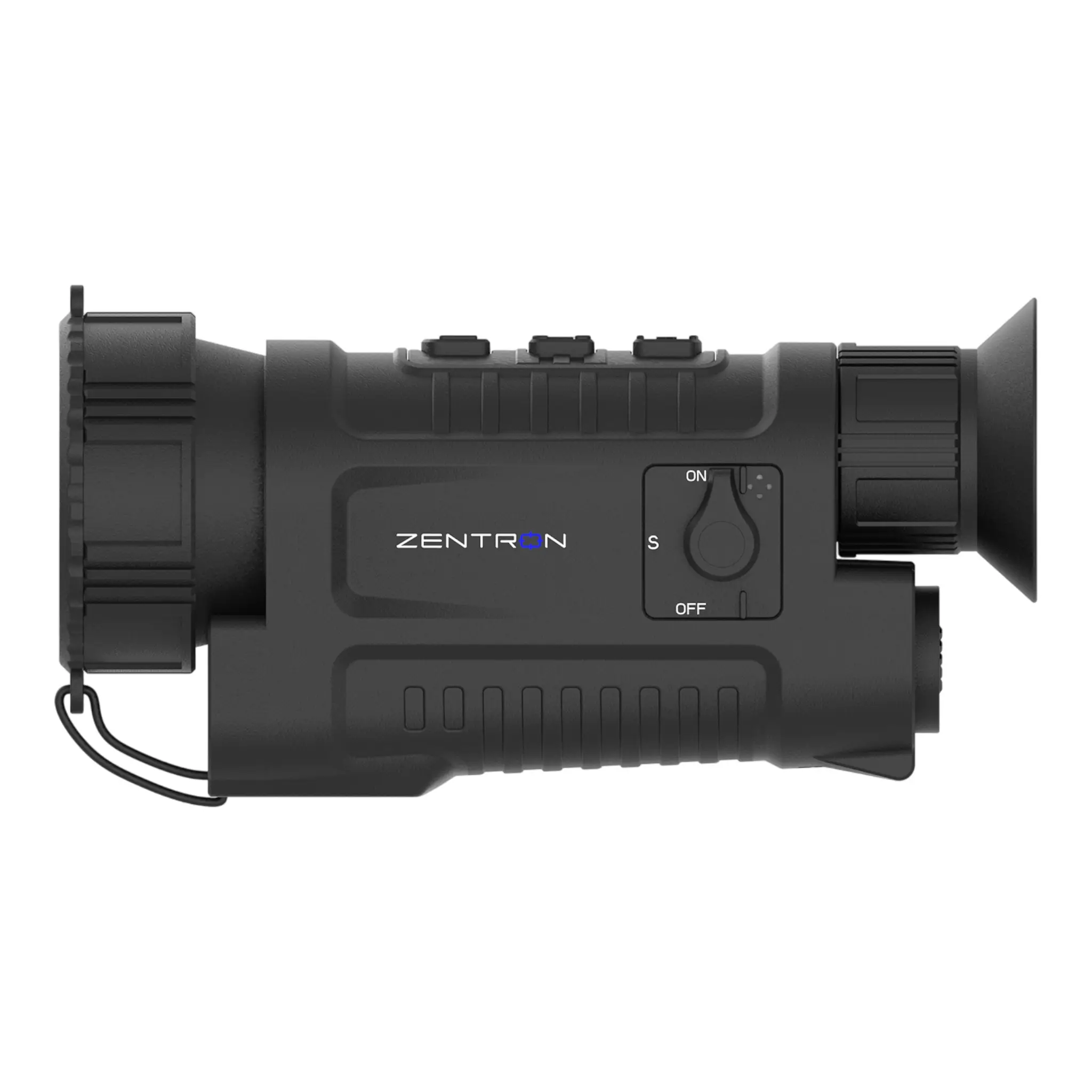 Seitenansicht des Zentron ZEN M6 Pro 50 mm Wärmebild-Monokulars mit integriertem Laser-Entfernungsmesser, kompaktem Gehäuse und seitlichem Bedienschalter