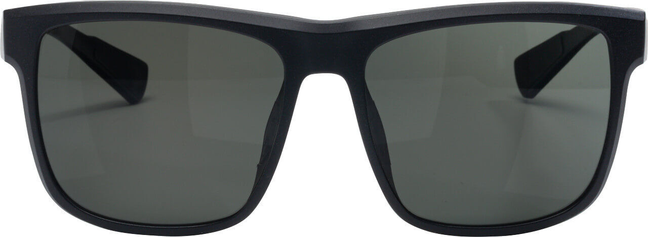 Schwarze Sonnenbrille mit rechteckigen Gläsern und schwarzem Gestell, frontal abgebildet