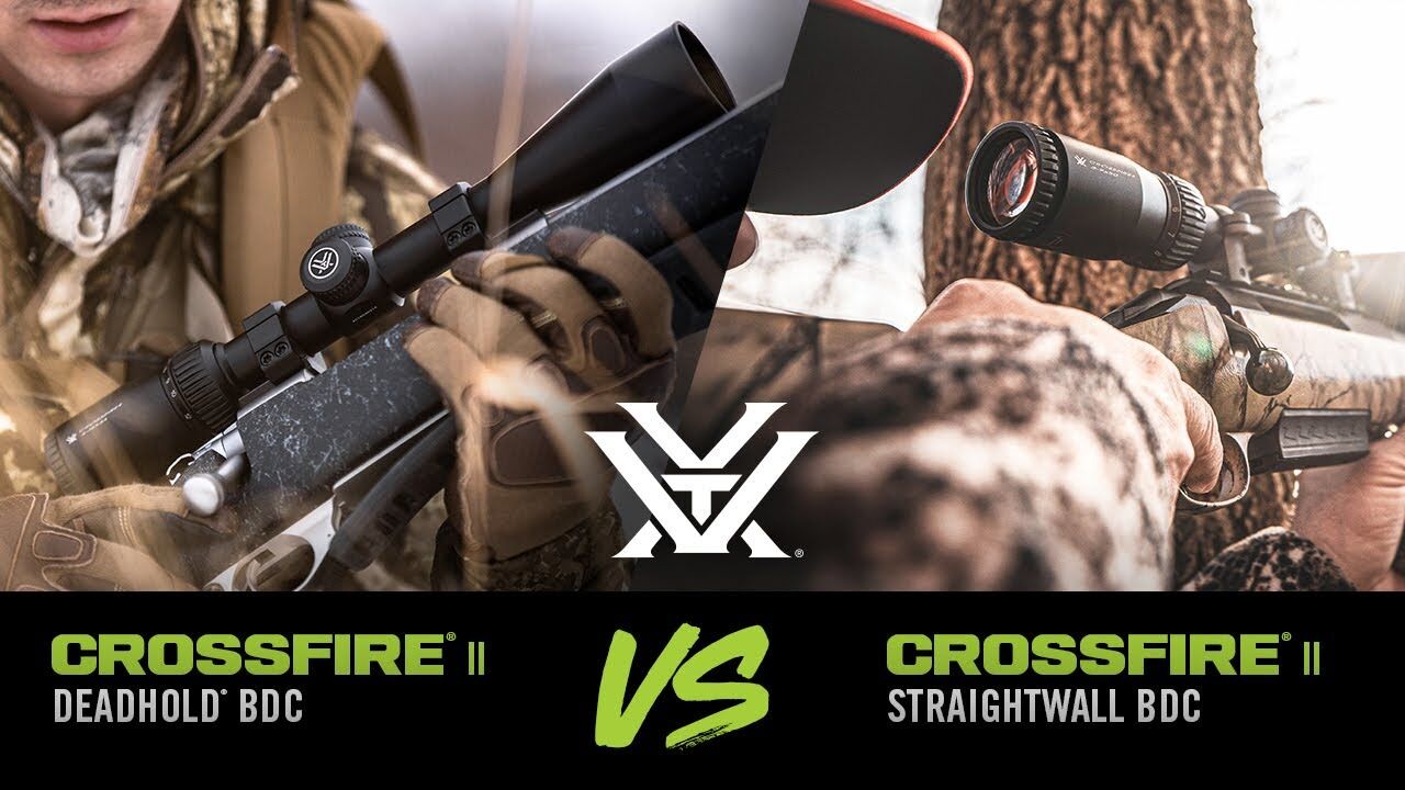 Zwei Jäger im Einsatz mit Vortex Crossfire II Zielfernrohren, links mit Dead-Hold BDC und rechts mit Straight-Wall BDC, in einer Outdoor-Szene.