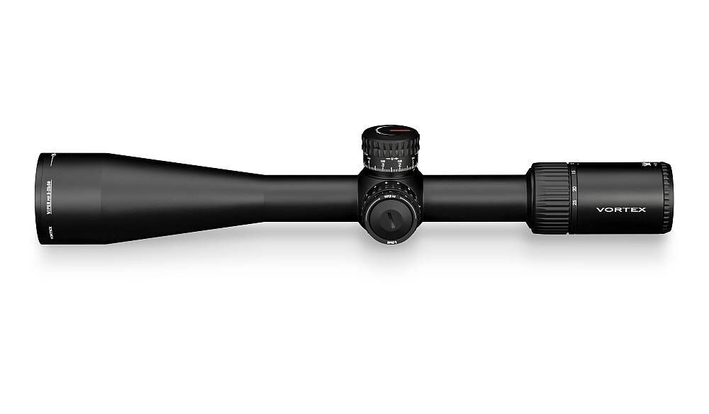 Seitliche Ansicht eines Vortex Zielfernrohrs in schwarzer Farbe, geeignet für präzise Zielerfassung und Jagd.