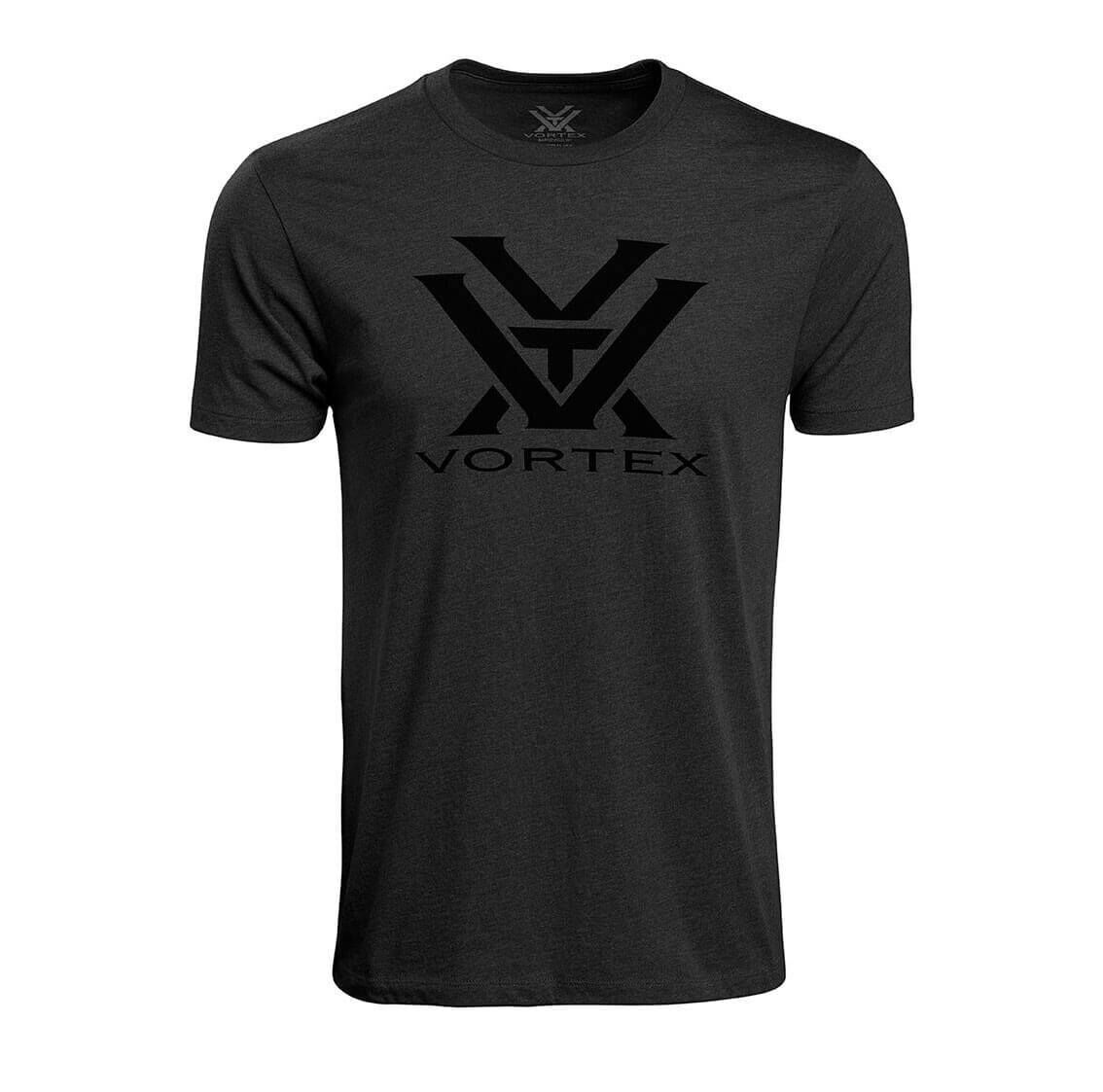 Schwarzes T-Shirt mit großem Vortex-Logo auf der Vorderseite