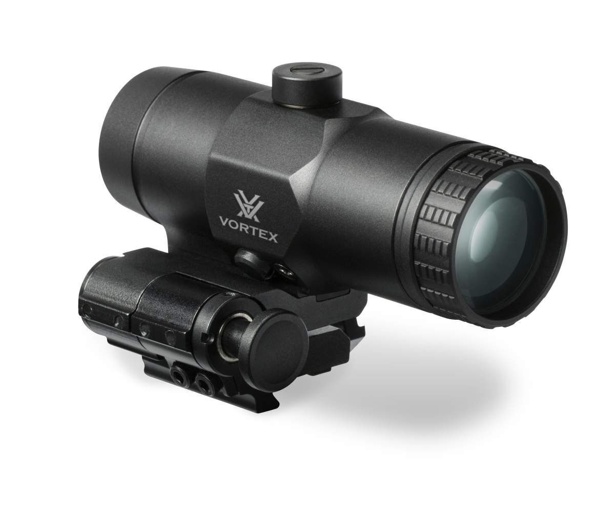 Seitliche Ansicht einer Vortex Optik mit Montagesystem und Linsenabdeckung