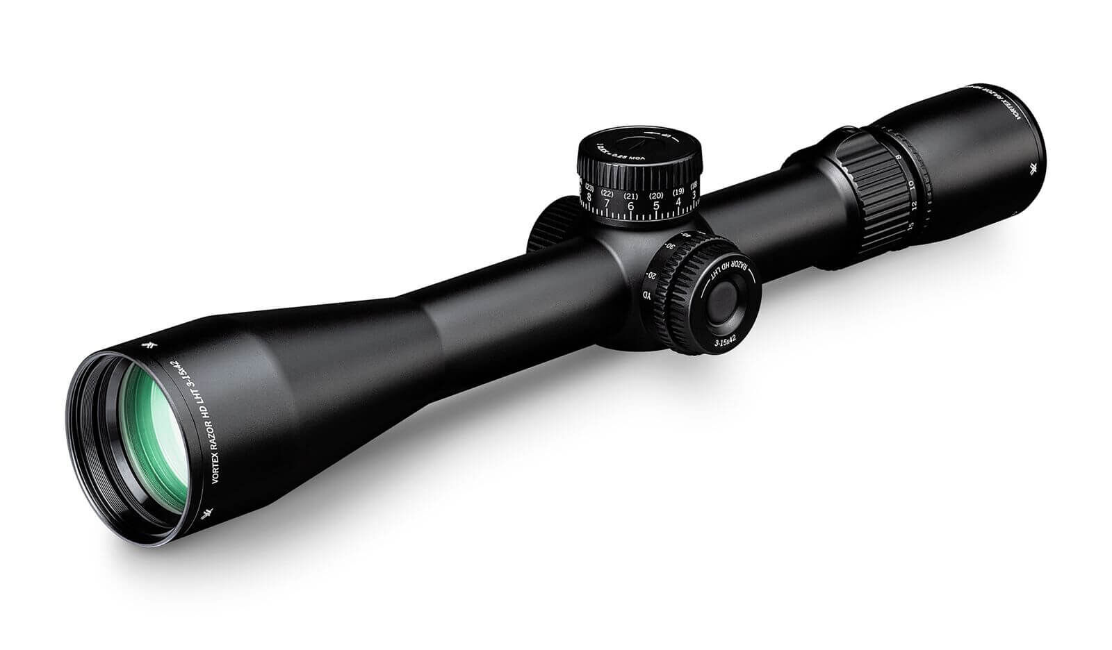 Schwarzes Vortex Zielfernrohr Razor HD LHT 3-15x42, ideal für präzises Schießen, mit verstellbarem Fokus und robustem Design