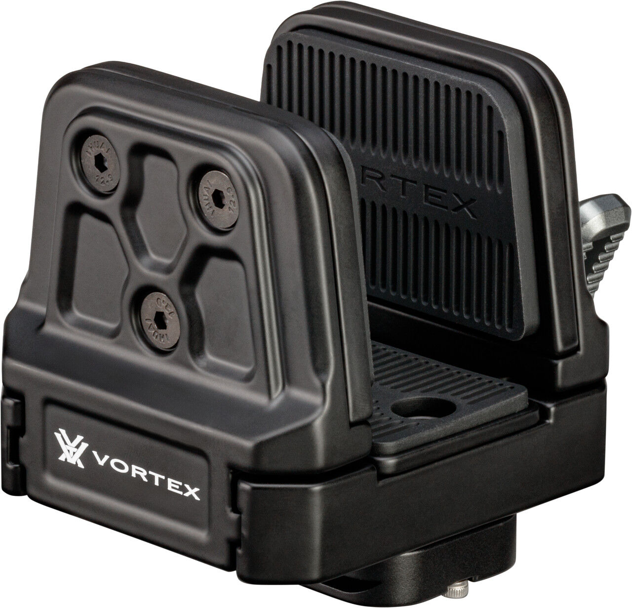 Nahaufnahme eines Vortex Stativadapters in Schwarz für die Befestigung von optischen Geräten