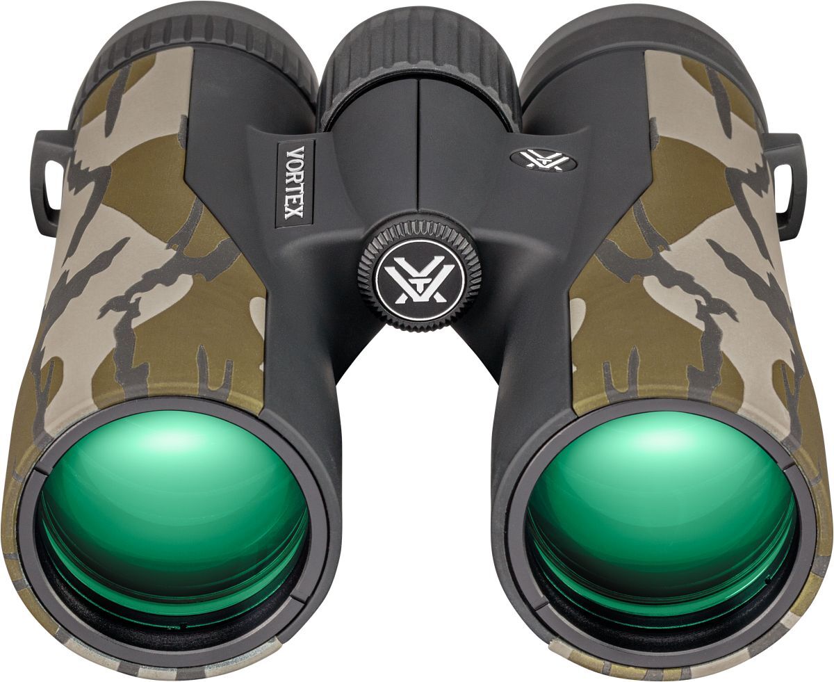 Vortex Fernglas mit Tarnmuster, gummiertem Gehäuse und großen, grün vergüteten Objektiven für Jagd und Naturbeobachtung