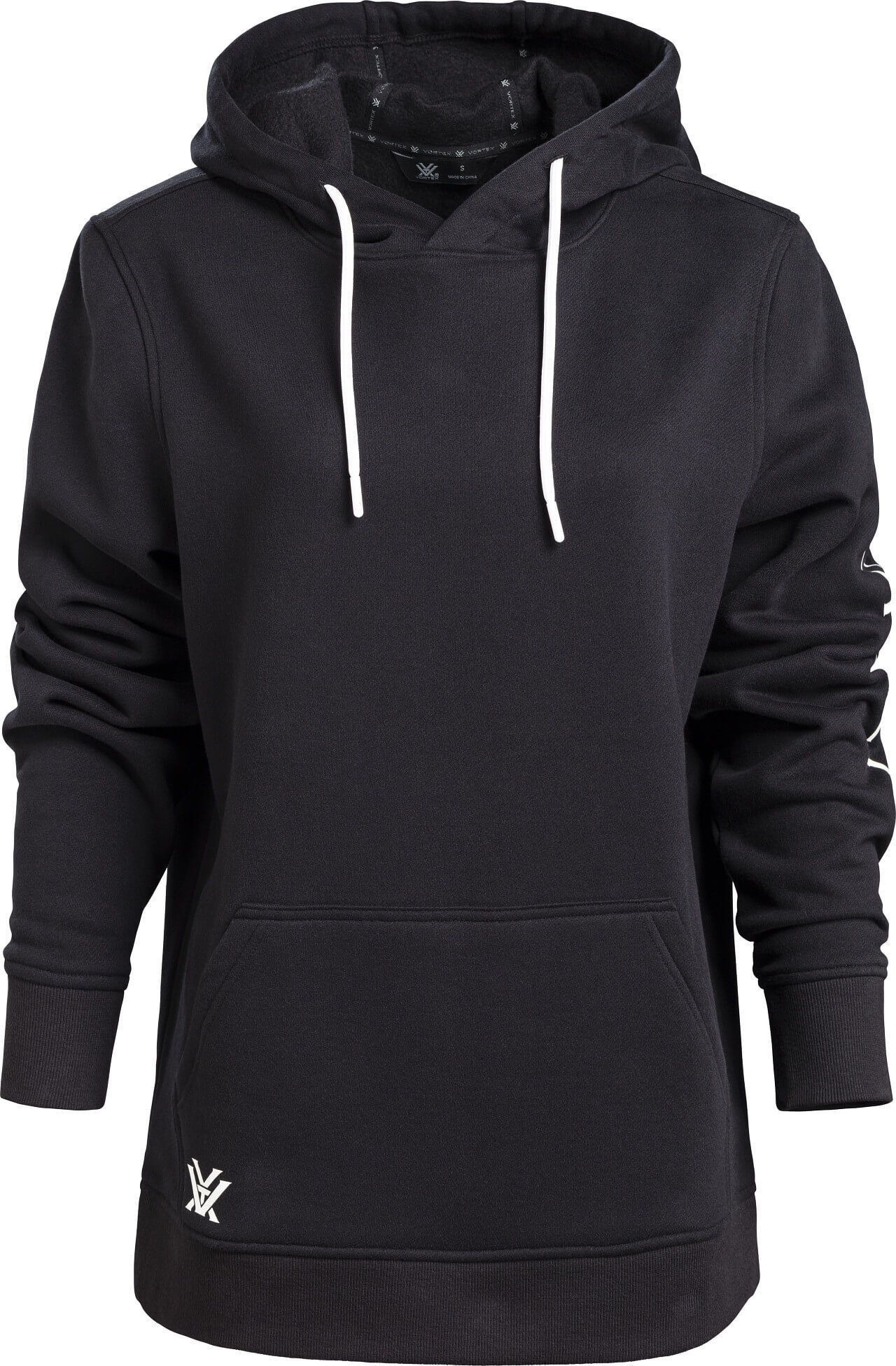Hochwertiger schwarzer Kapuzenpullover mit weißen Kordeln und Kängurutasche