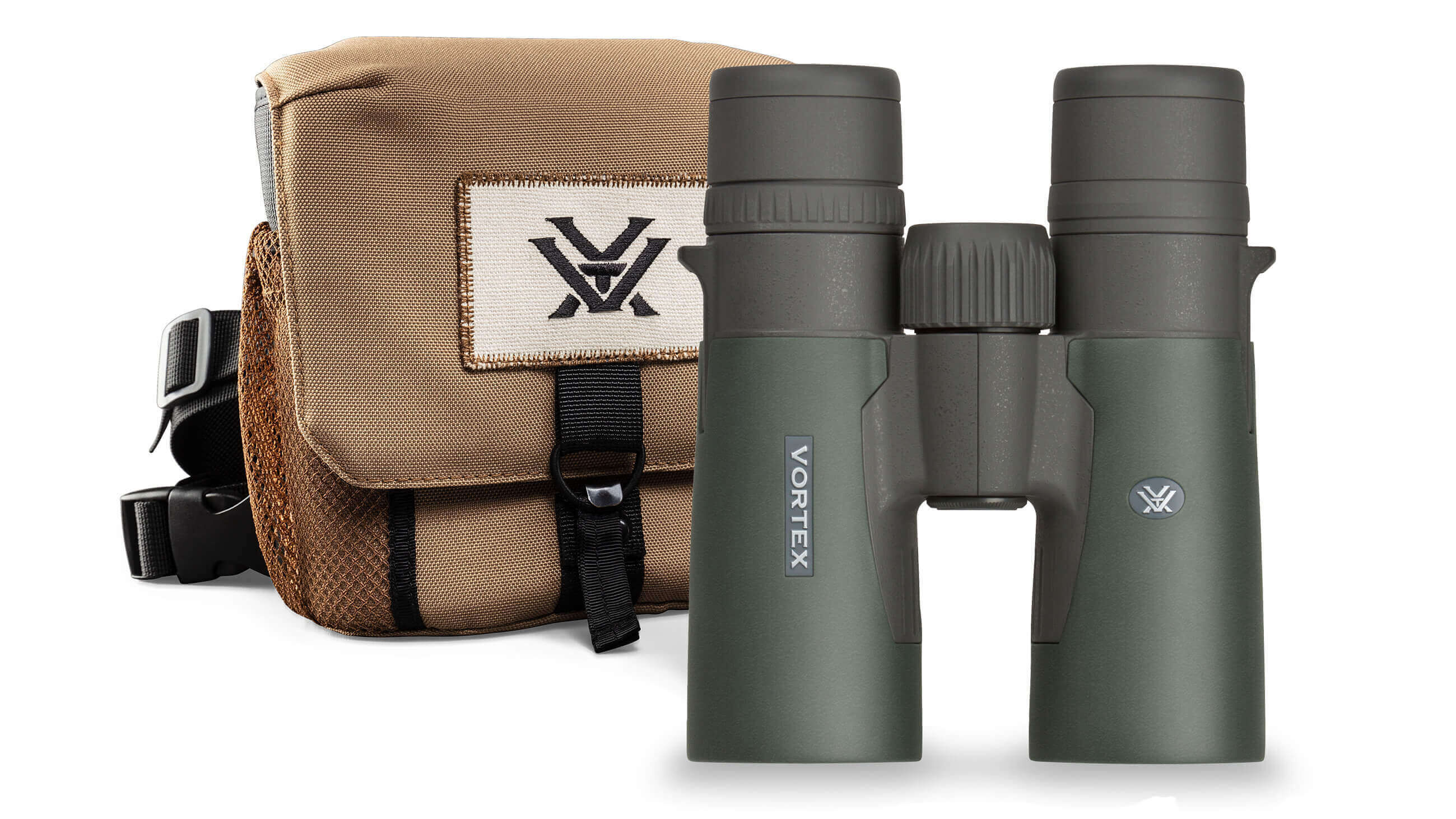 Vortex Fernglas neben einer robusten braunen Tasche, ideal für Wanderungen und Naturbeobachtungen