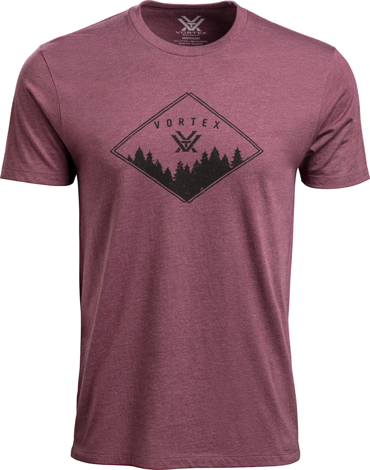 Lila T-Shirt mit schwarzem Vortex-Logo und Waldmotiv im Brustbereich
