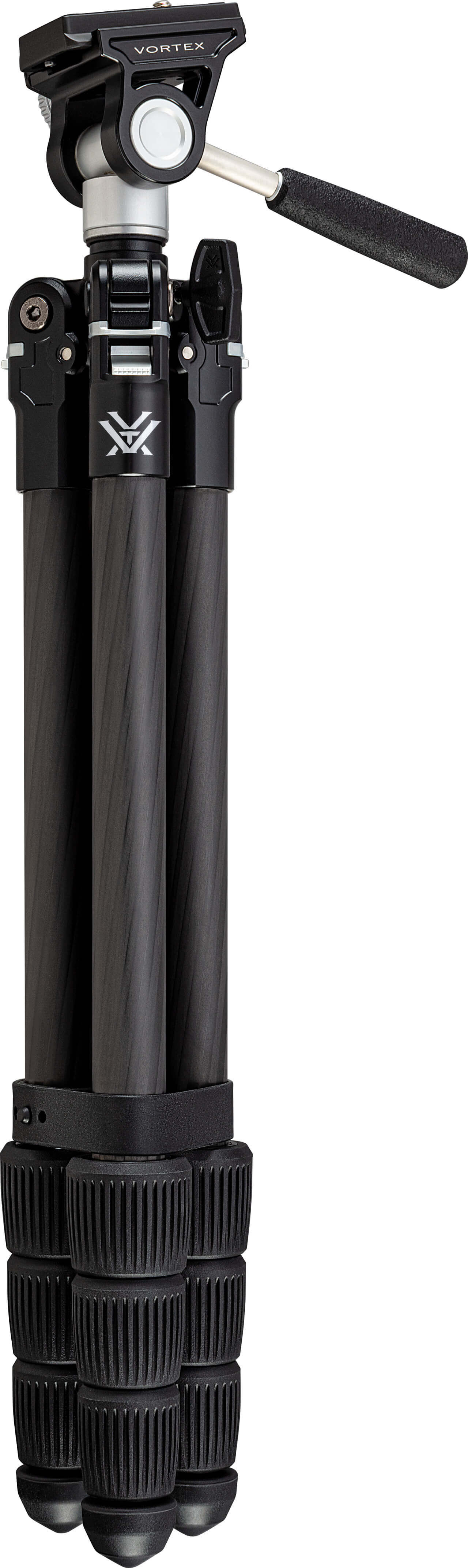 Ein zusammengeklapptes Stativ der Marke Vortex, hergestellt aus leichtem Carbonfaser mit ergonomischen Griffen.