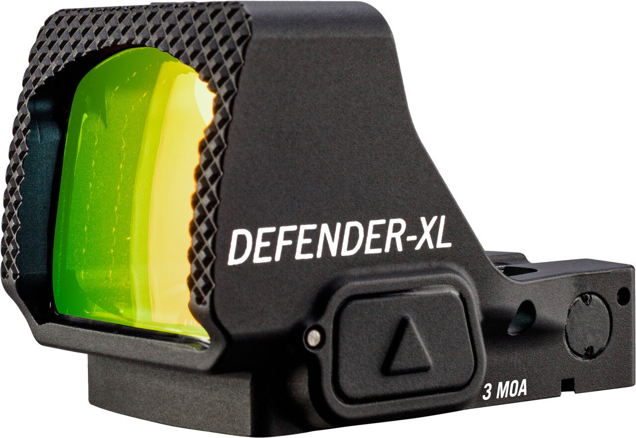 Seitenansicht des DEFENDER-XL Reflexvisiers mit gelblichem Glas und 3 MOA Markierung