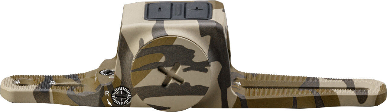 Seitenansicht eines elektronischen Fahrradpedals im Camouflage-Design mit strukturierter Auflagefläche, Plus/Minus-Bedientasten und großem Einstellrad