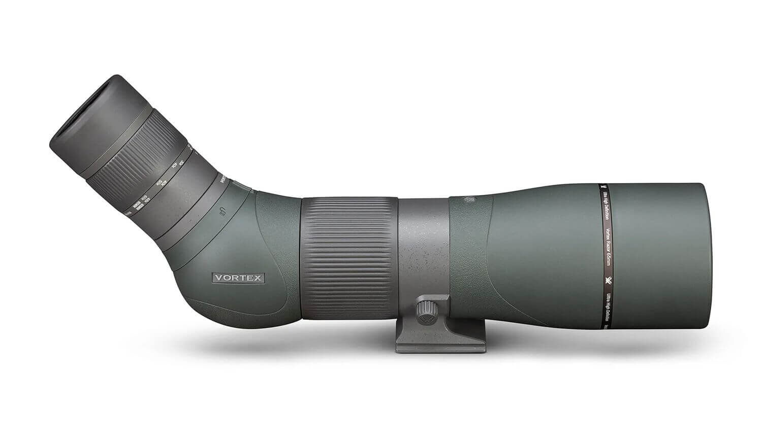 Seitliche Ansicht eines hochwertigen Spektivs in Grau-Grün, ideal für Ornithologie und Landschaftsbeobachtungen