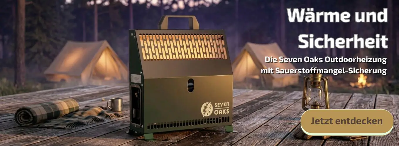 Seven Oaks Outdoorheizung auf Holztisch vor Zelten im Wald, sichere Gasheizung mit Sauerstoffmangel-Sicherung für Camping und Outdoor-Einsätze