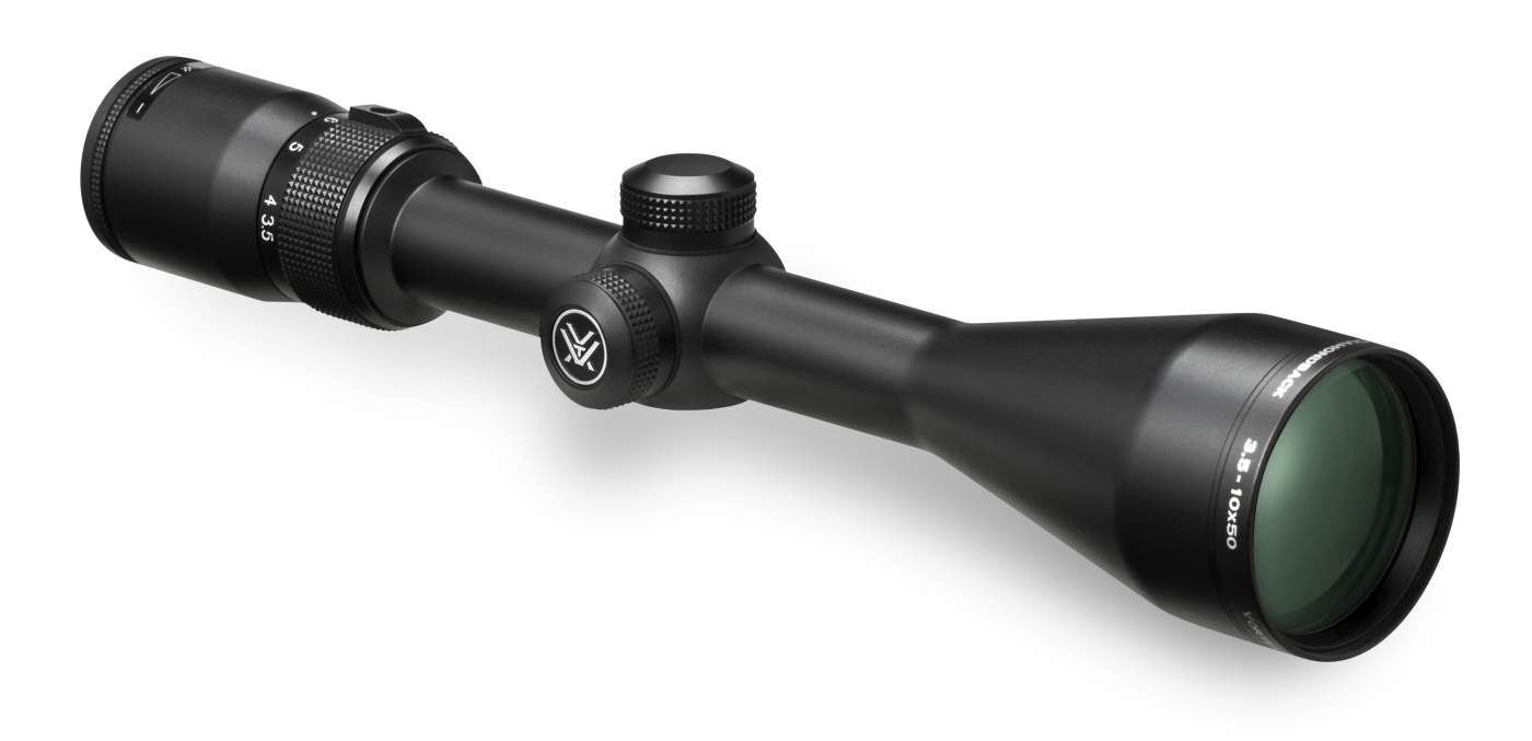 Ein Vortex Zielfernrohr Crossfire II 3-9x50 AO in schwarzer Farbe, gezeigt von der Seite.
