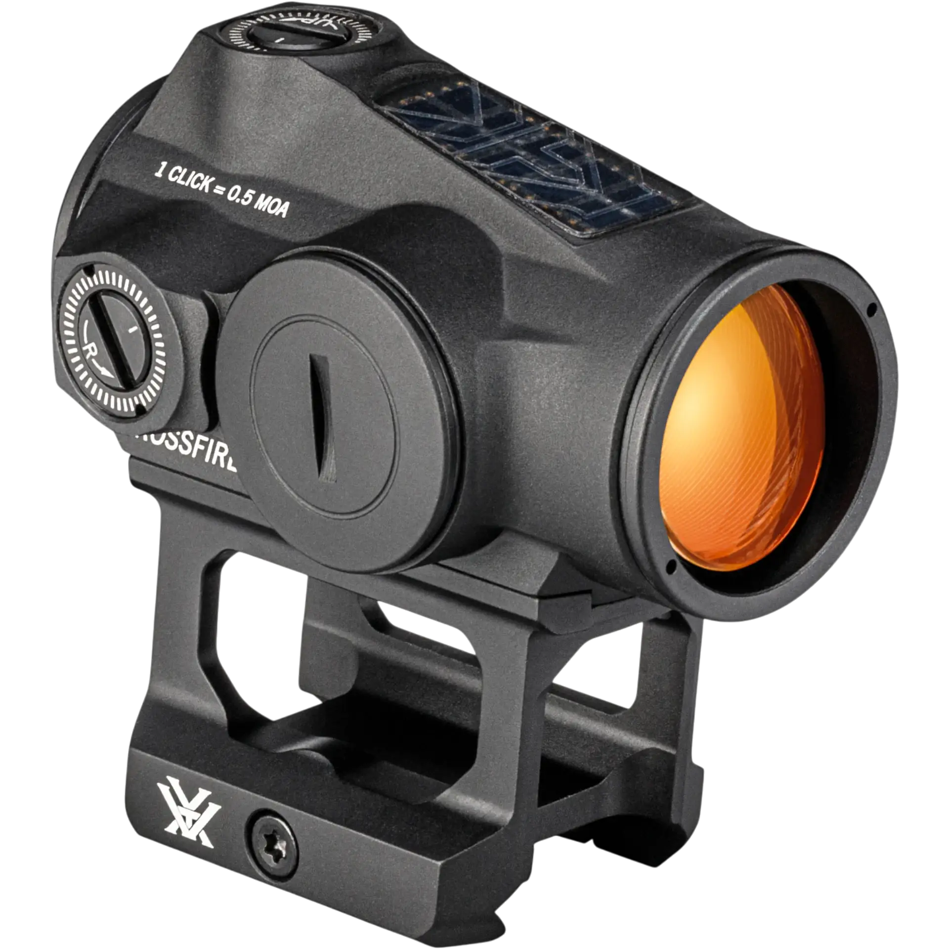 Seitenansicht des Vortex Crossfire Red Dot Visiers mit orange vergüteter Linse und stabiler Montage für Picatinny-Schiene
