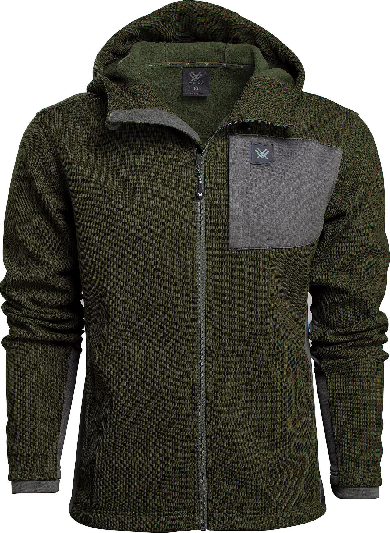Olivgrüne Kapuzenjacke aus Fleece mit Reißverschlusstasche und grauen Details