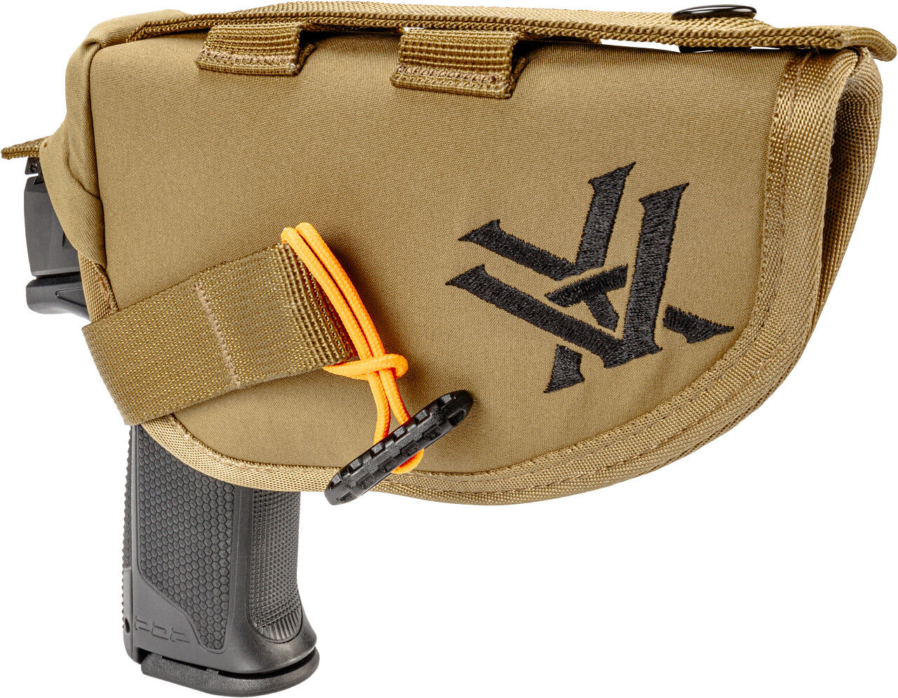 Beiges taktisches Holster für Pistolen mit Logo und orange Befestigungskordel