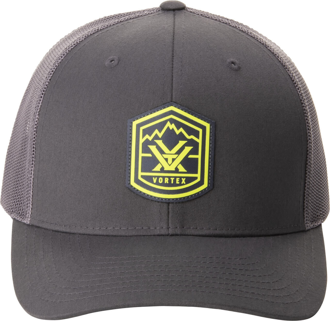 Graue Cap mit gelbem Vortex-Logo auf der Vorderseite