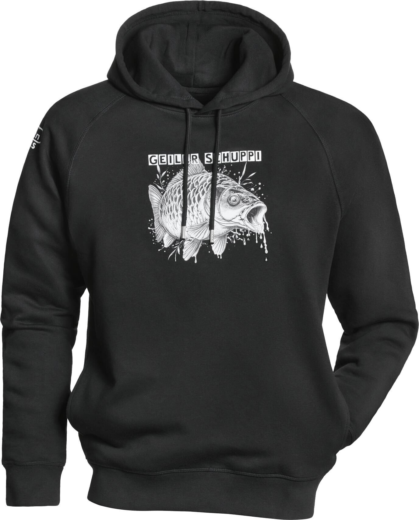 Schwarzer Kapuzenpullover mit Fischdesign und Text 'Geiler Schuppi'