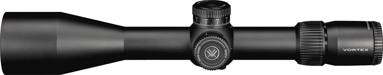 Seitenansicht eines schwarzen Vortex Zielfernrohrs mit Verstellknöpfen und Beschriftungen