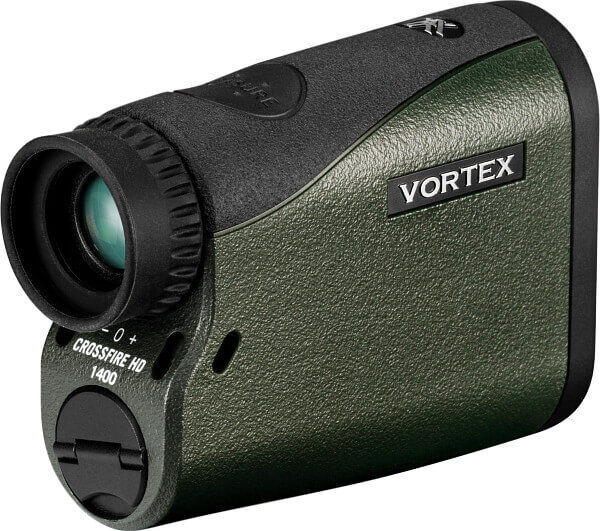 Seitliche Ansicht des Vortex Crossfire HD 1400 Entfernungsmessers in Schwarz und Grün
