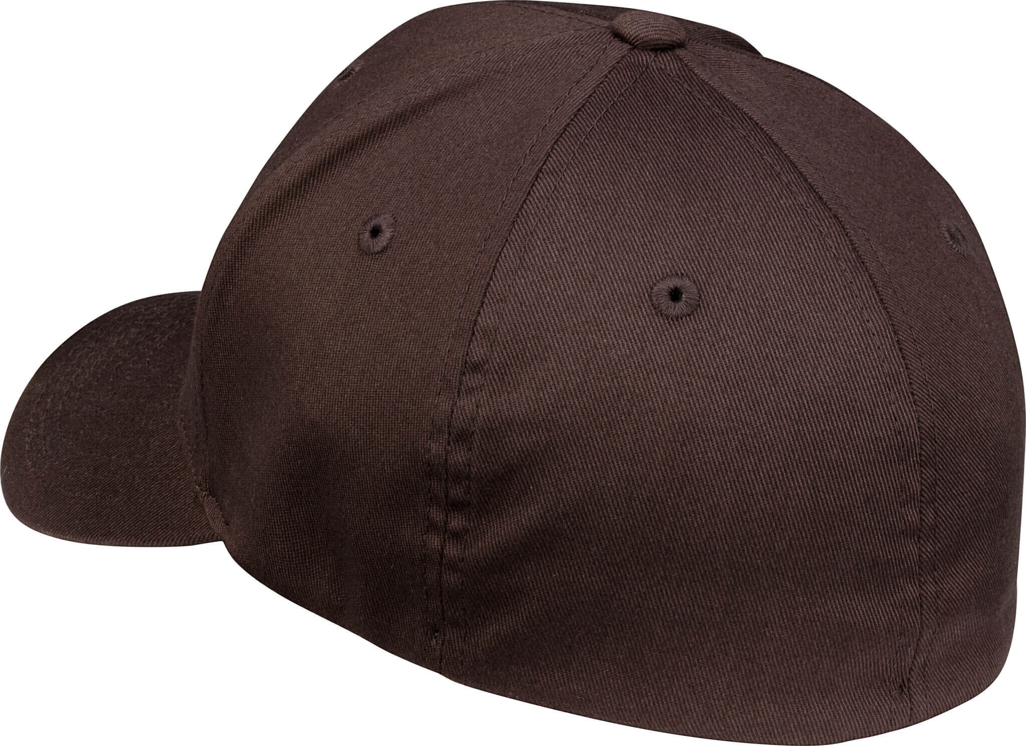 Seitliche Rückansicht einer braunen Baseballcap aus Stoff, ohne sichtbare Logos oder Verzierungen