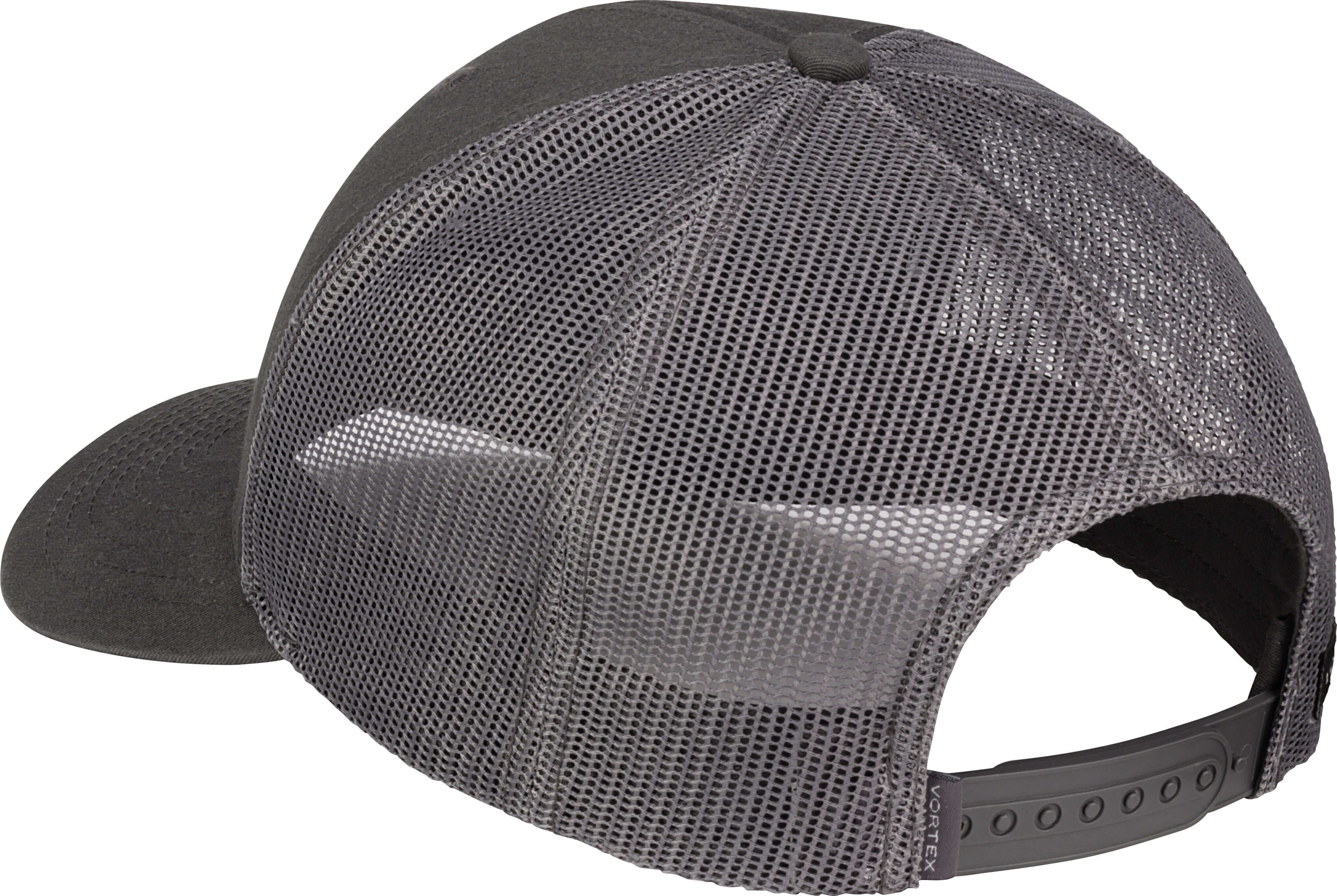 Rückansicht einer grauen Trucker-Cap mit Mesh-Einsatz und verstellbarem Verschluss