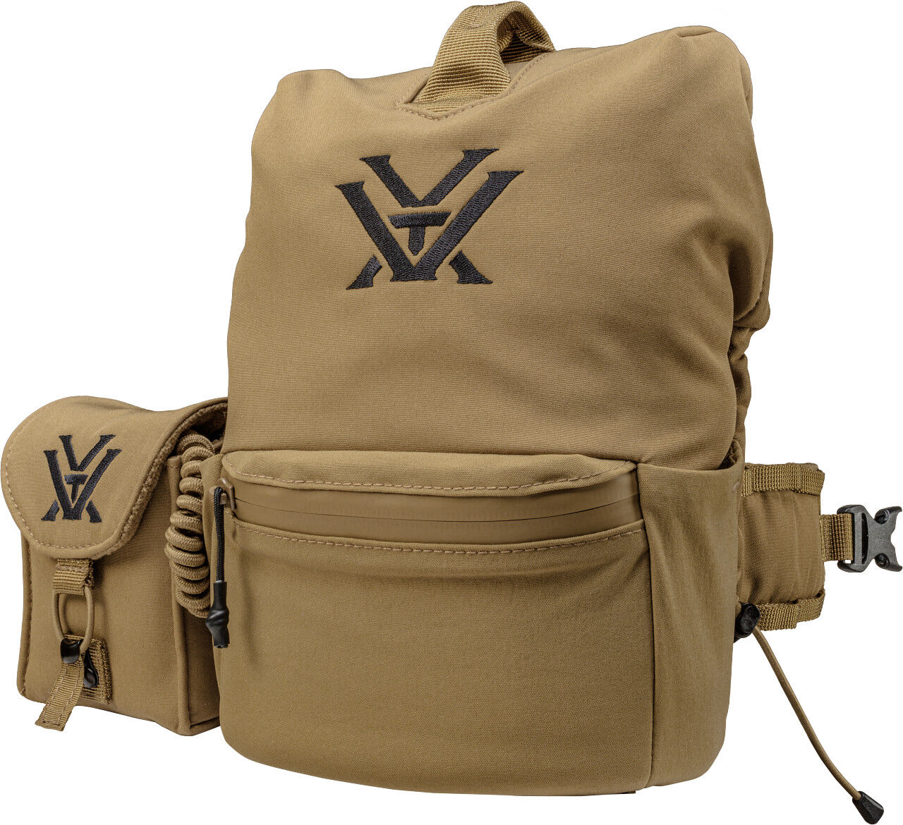 Beiger taktischer Rucksack mit Logo und Seitentasche