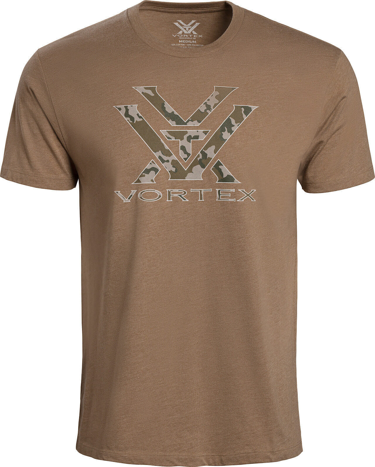 Braunes T-Shirt mit Camouflage-Logo und Schriftzug 'Vortex' in der Mitte