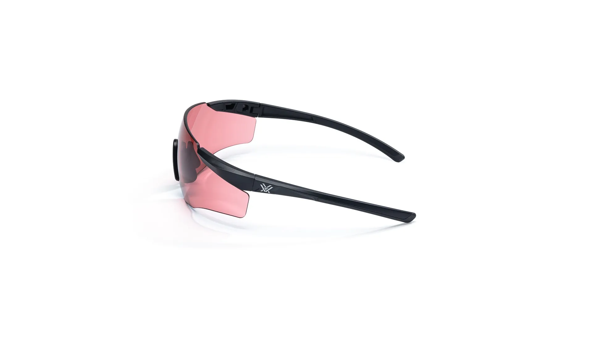 Seitenansicht einer Sportbrille mit rosafarbenen Gläsern und schwarzen Bügeln