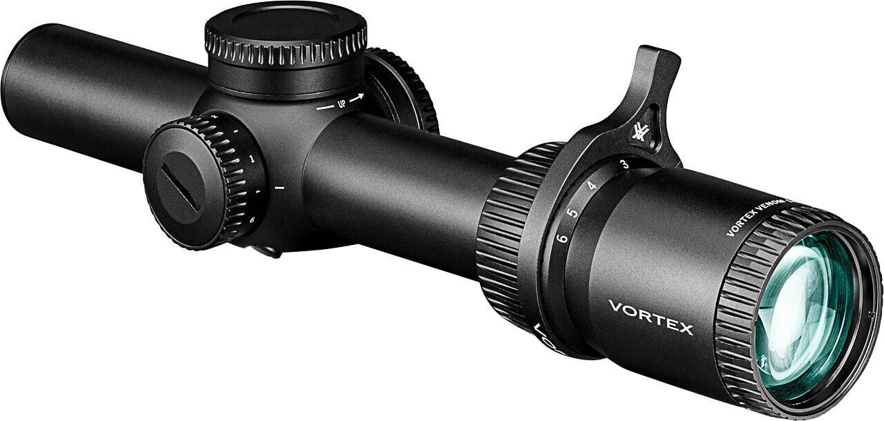 Schwarzes Vortex Zielfernrohr, Seitenansicht mit Verstellknöpfen und Zoomskala