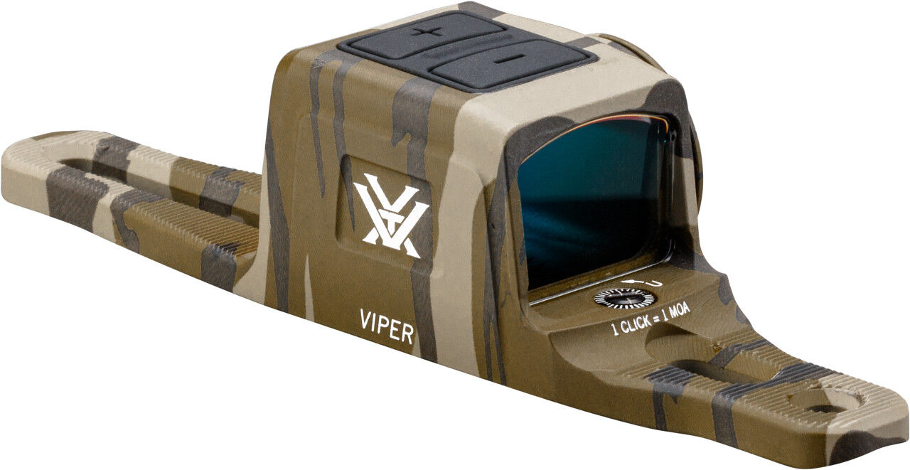 Seitenansicht des Vortex Viper Red Dot Visier in Tarnfarben mit flachem Profil und Montagebasis für präzises Zielen auf Kurzwaffen