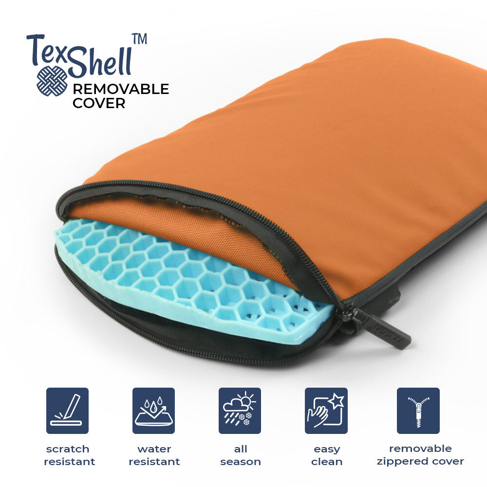 Die TexShell™ Schutzhülle mit abnehmbarem Reißverschluss in orange, zeigt eine blaue Wabenstruktur darunter. Sie ist kratzfest, wasserabweisend, für alle Jahreszeiten geeignet und leicht zu reinigen.