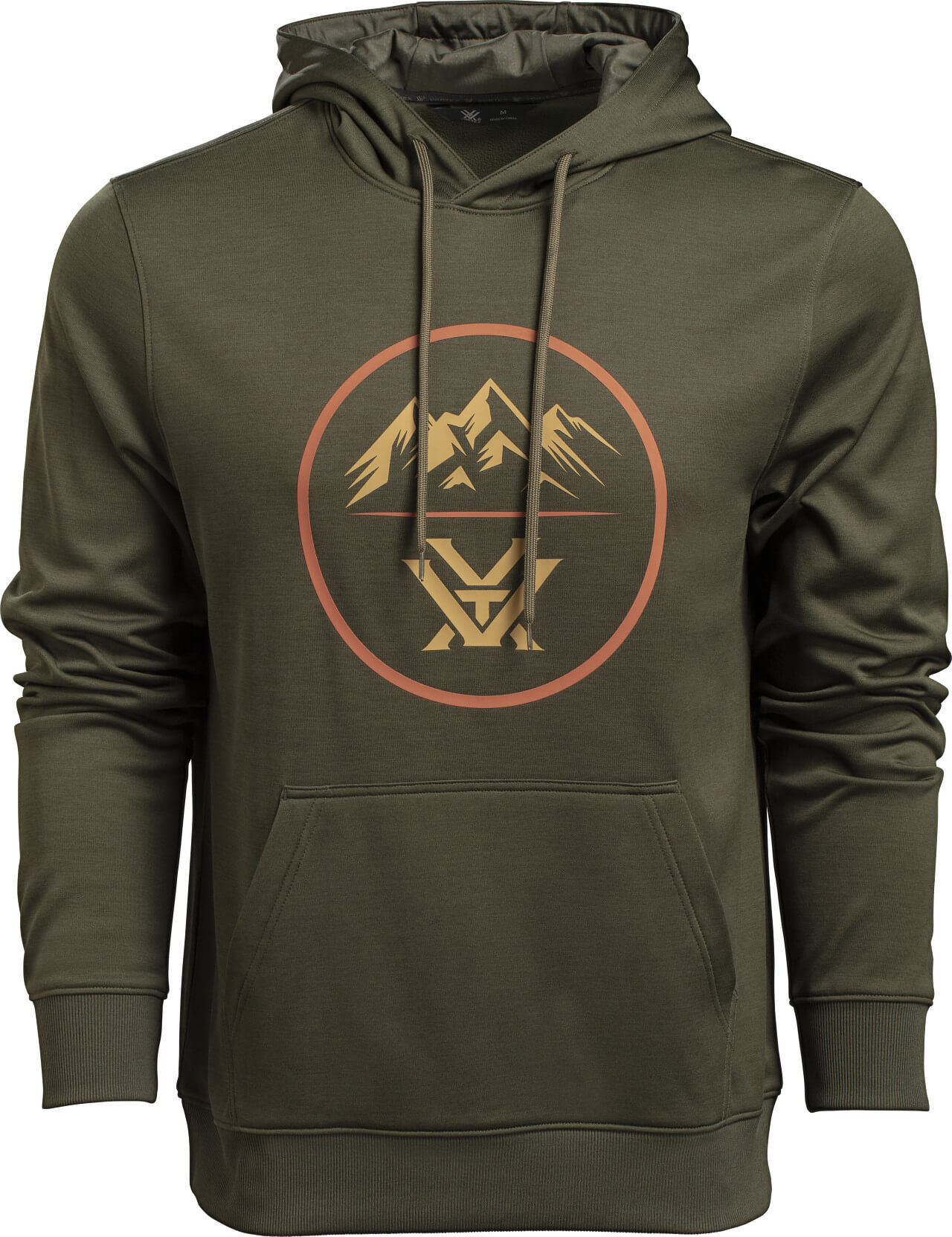 Olivefarbener Herren-Kapuzenpullover mit grafischem Bergmotiv auf der Vorderseite