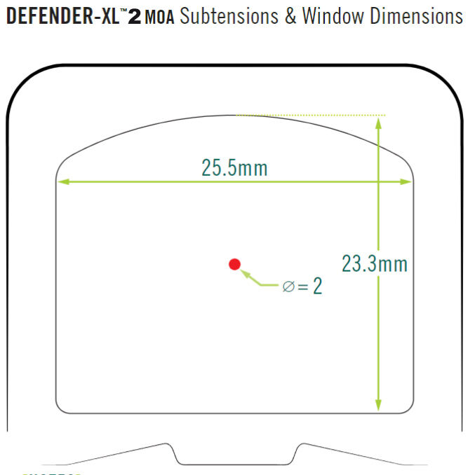 Maßdiagramm des DEFENDER-XL™ 2 MOA Visierfensters mit 25,5 mm Breite, 23,3 mm Höhe und 2 MOA Punktgröße.