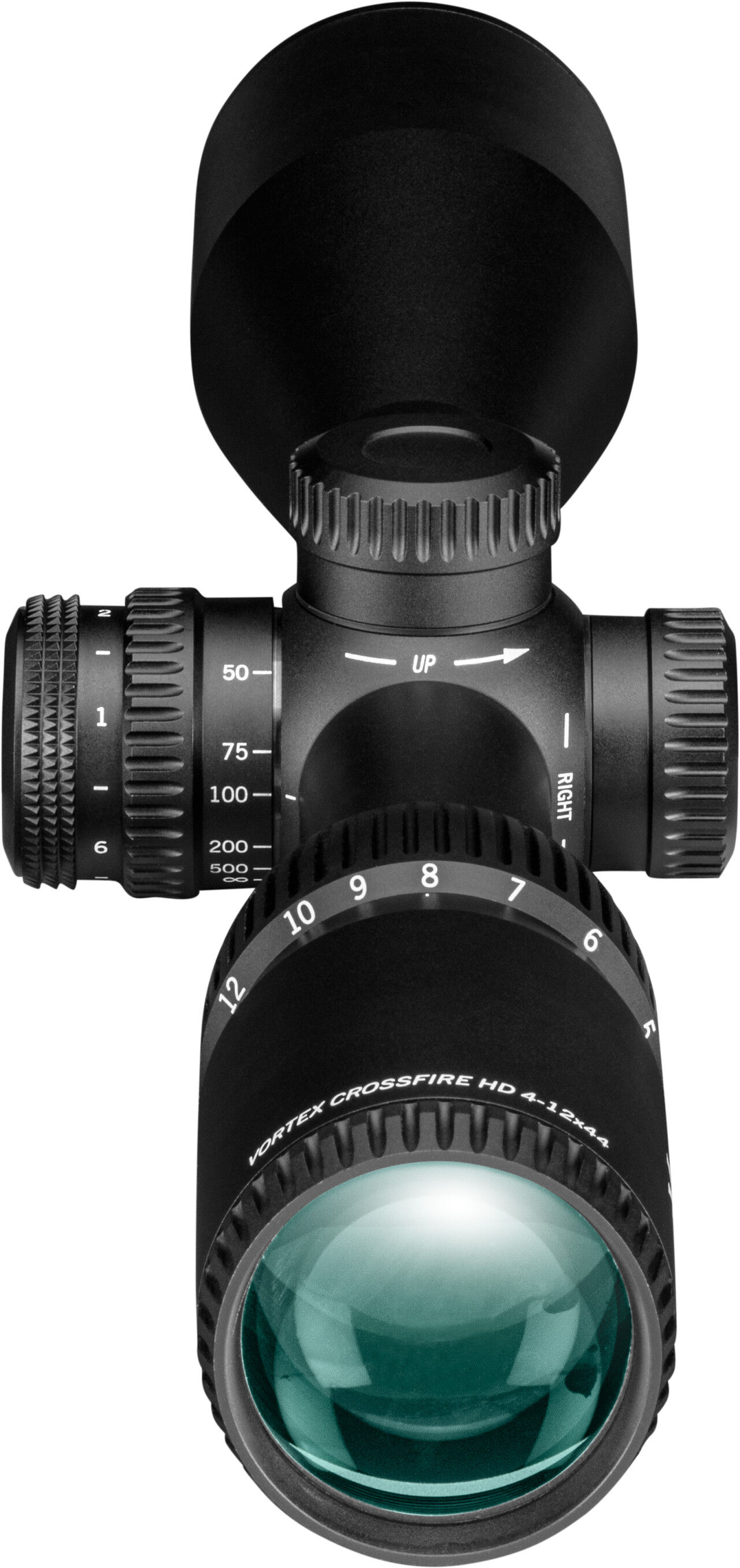 Vorderansicht des Vortex Crossfire HD Zielfernrohrs 4-12x44, zeigt die Einstellknöpfe und das Okular
