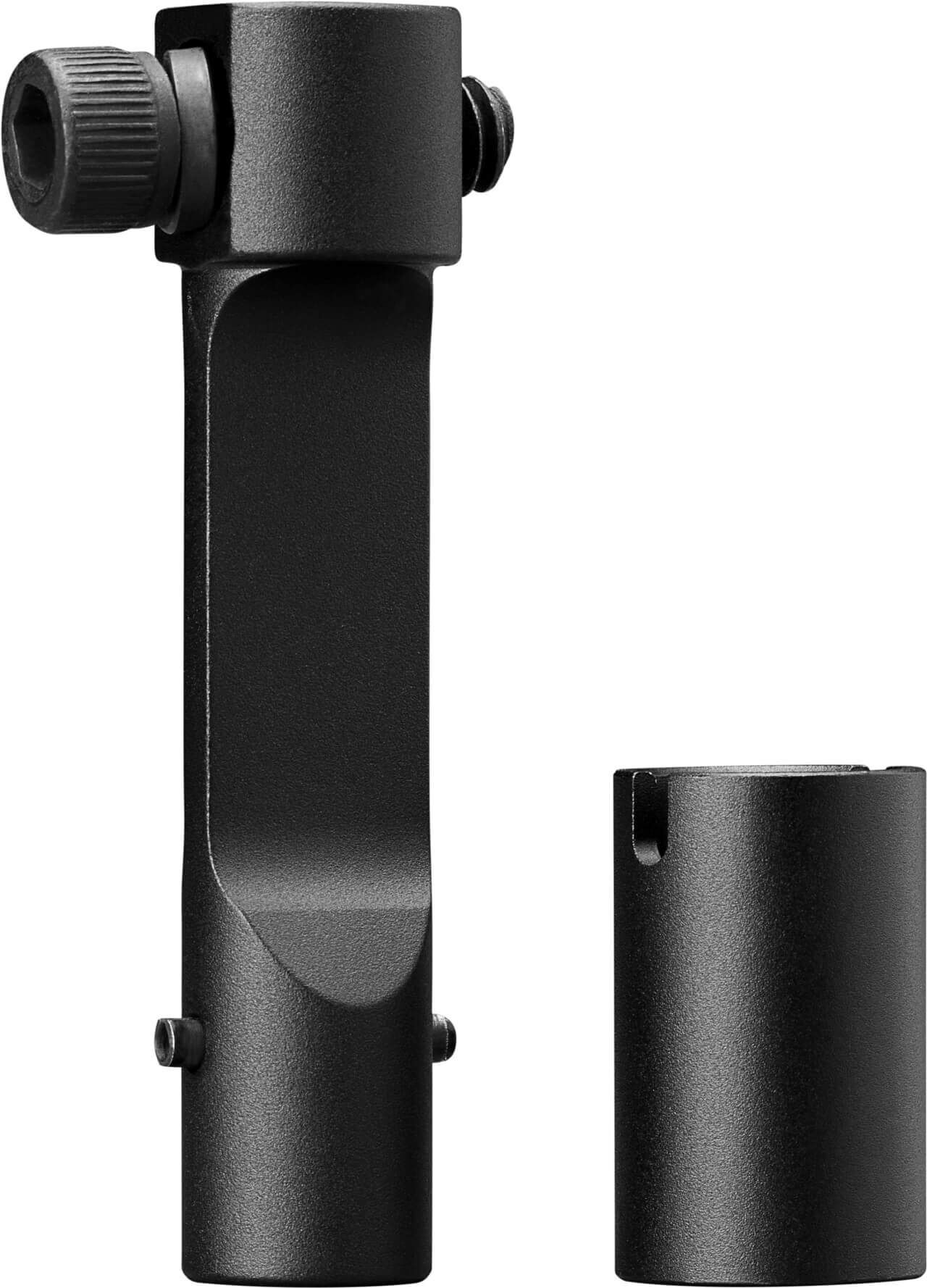 Schwarze Fahrradlenkererhöhung mit Befestigungselementen, ideal für eine ergonomische Anpassung der Lenkerhöhe.