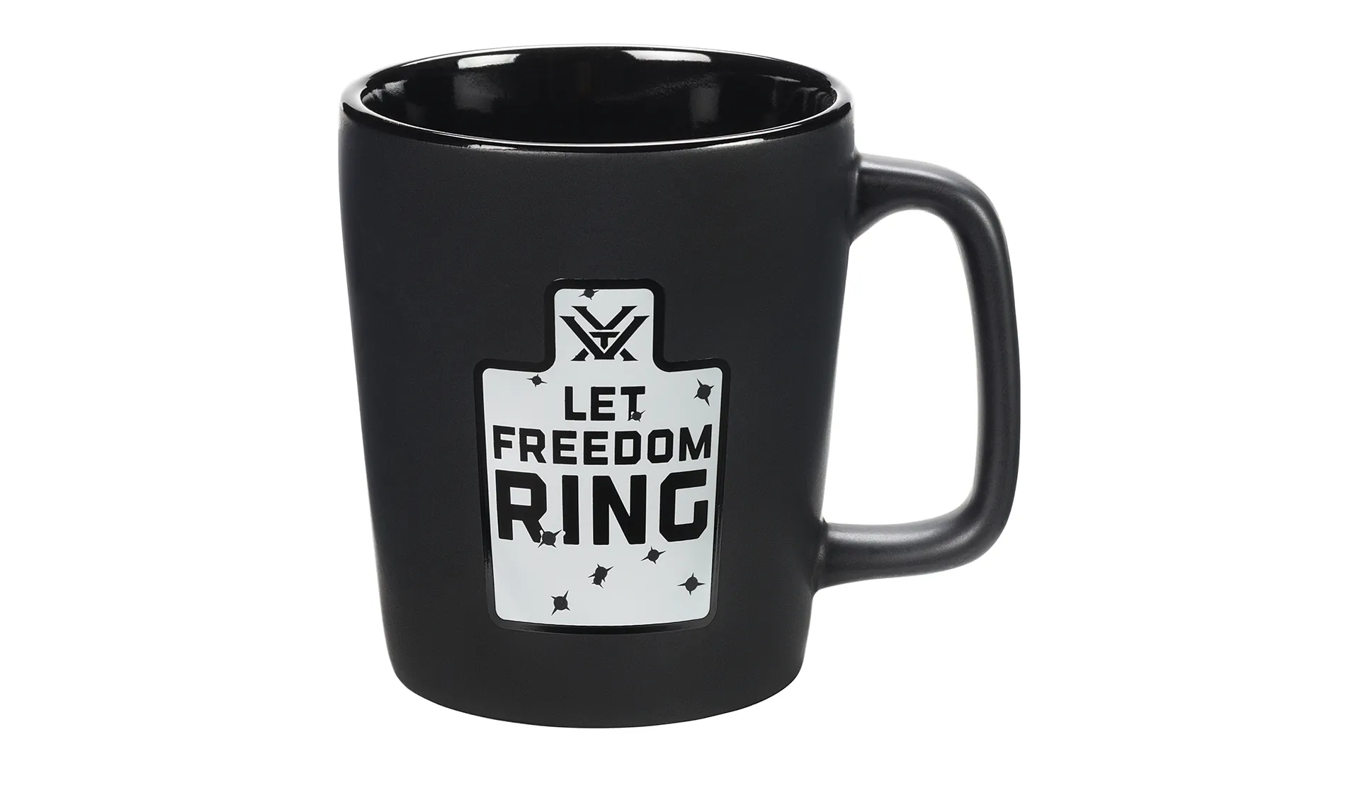 Schwarze Kaffeetasse mit Aufschrift 'Let Freedom Ring' und dekorativen Elementen