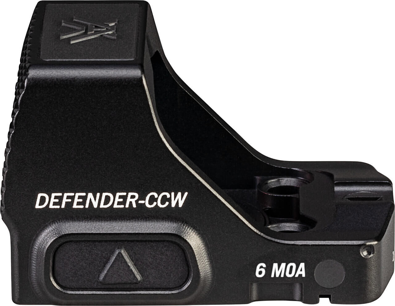 Seitenansicht eines Defender-CCW Rotpunktvisiers mit der Aufschrift '6 MOA' und einem robusten Gehäuse.