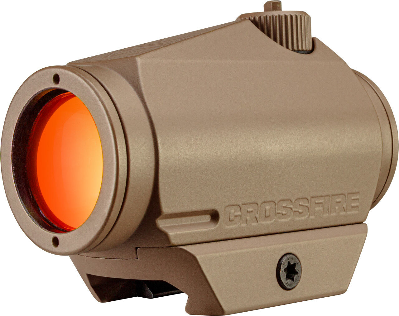 Beigefarbenes Vortex Crossfire Rotpunktvisier mit orangener Linse, seitlich fotografiert