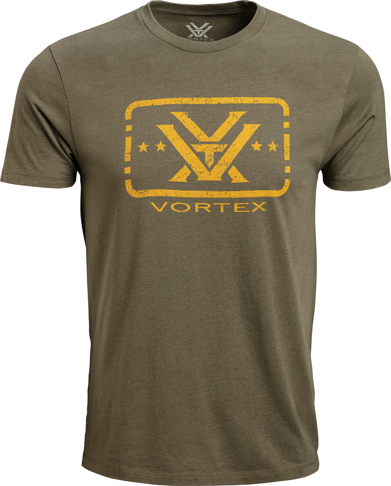 Ein olivgrünes T-Shirt mit gelbem Vortex-Logo auf der Vorderseite