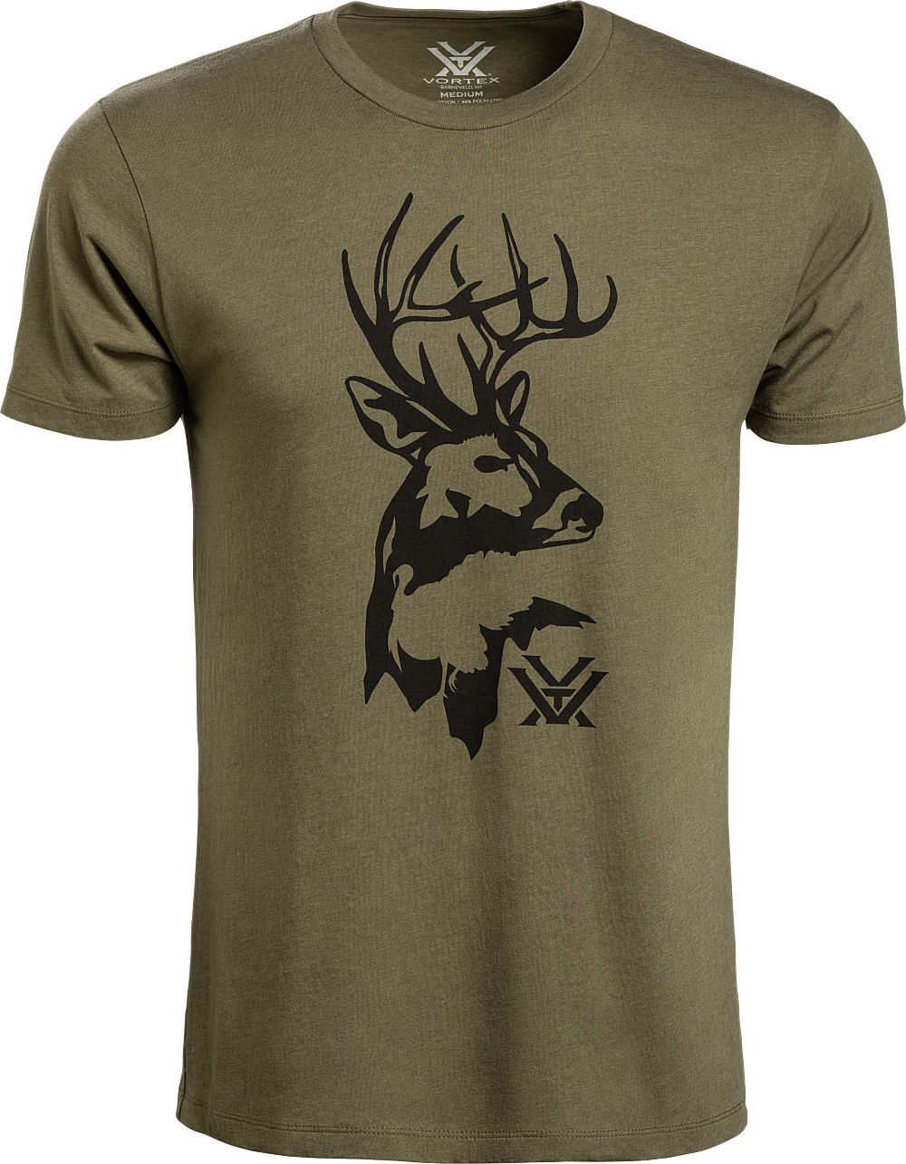 Vortex Wild Reveal T-Shirt Military in Olivgrün mit großem schwarzen Hirschkopf-Logo, das versteckten Truthahn- und Barsch-Motiv im Vortex-Emblem zeigt
