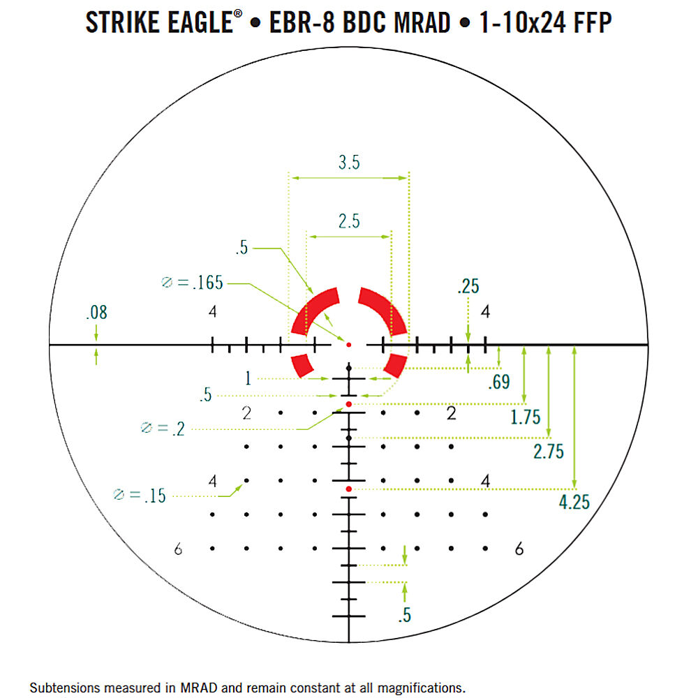 Absehen-Ansicht des Vortex Strike Eagle 1-10x24 FFP Zielfernrohrs mit EBR-8 BDC MRAD, Skala in Milliradian für Haltepunkte und Entfernungsschätzung