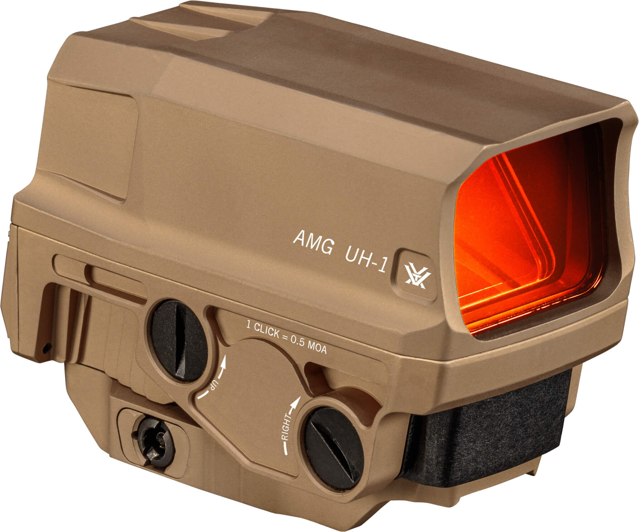 Seitliche Ansicht des Vortex AMG UH-1 holographischen Visiers in Tan-Farbe mit rotem Sichtfeld.