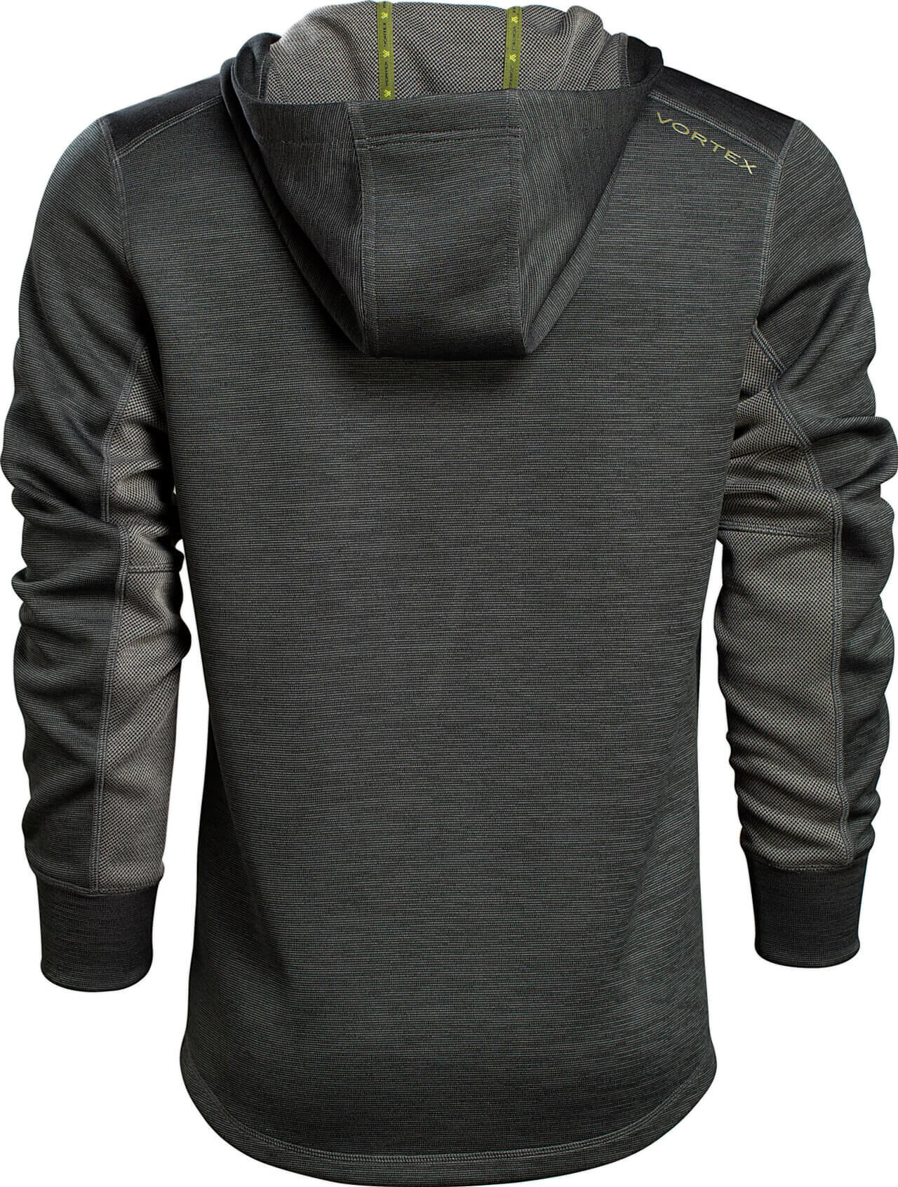 Ein grauer Hoodie von hinten mit Kapuze und gesticktem Logo auf der Schulter