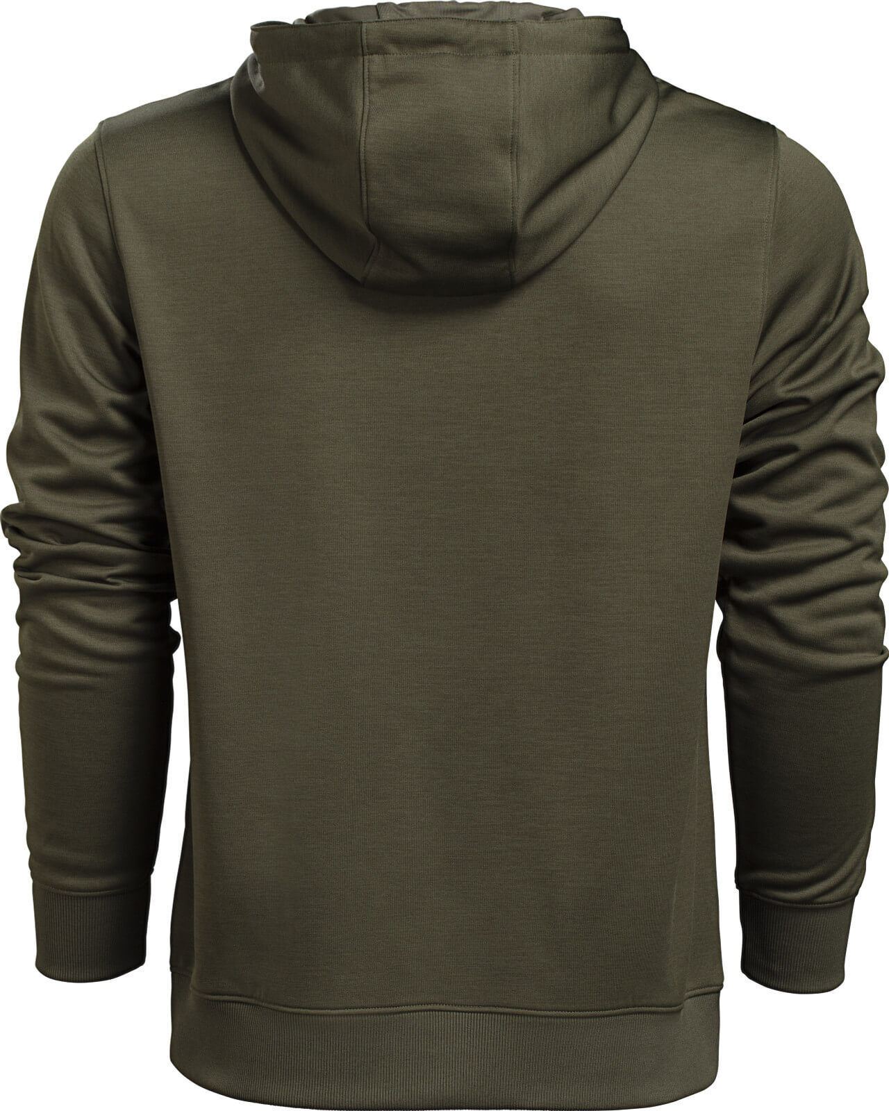 Rückansicht eines dunkelgrünen Hoodies mit Kapuze