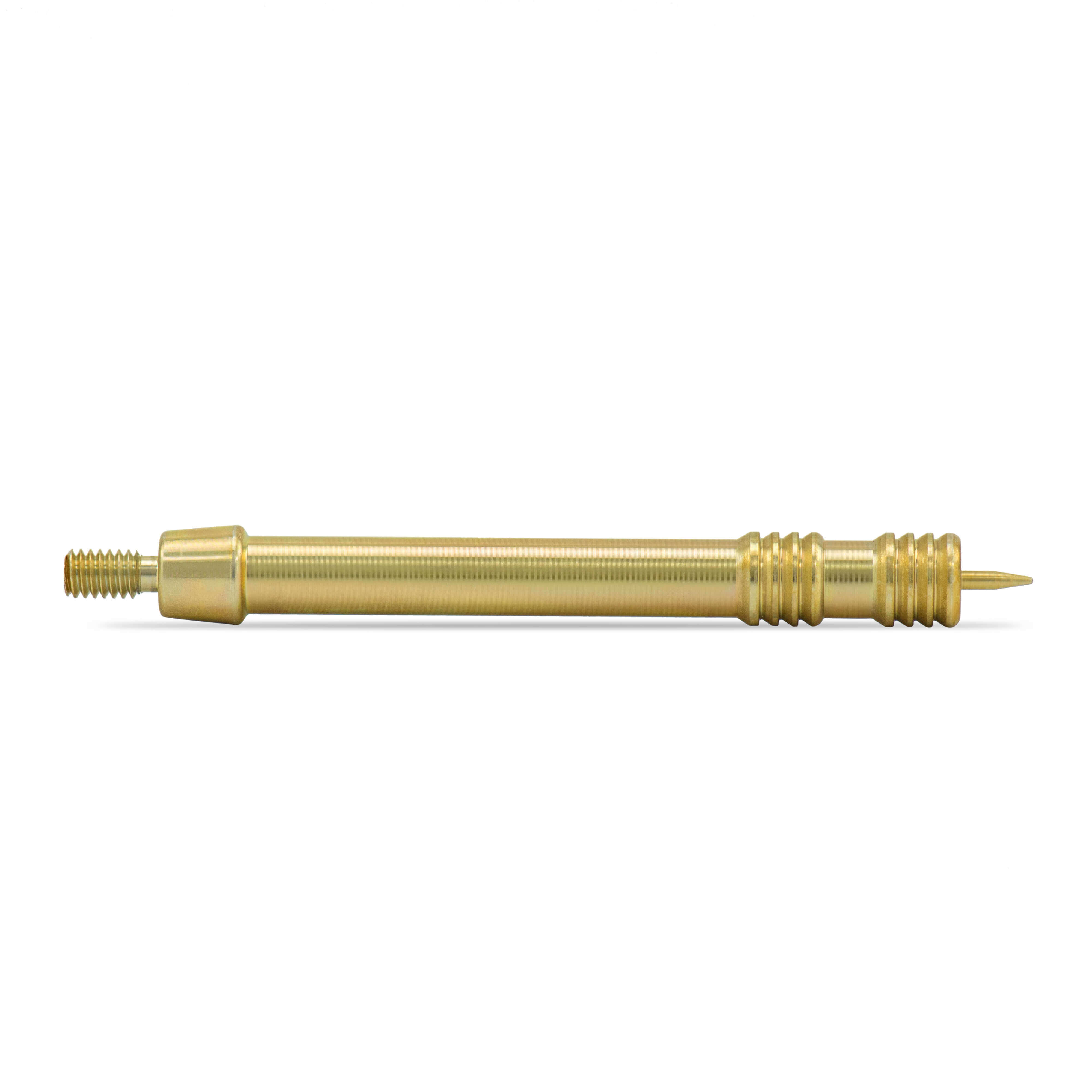 Ein goldfarbener Stift aus Messing mit Gewinde und Spitze, ideal für präzise Arbeiten.